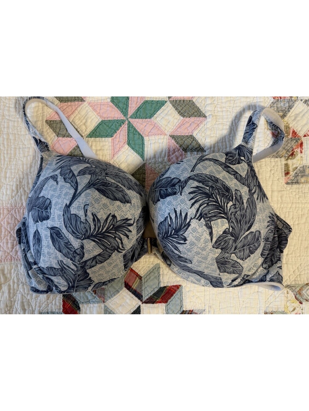 Cacique Blue Tropical Leaf Print Boost Plunge Front Close Bra 46DDD GUC